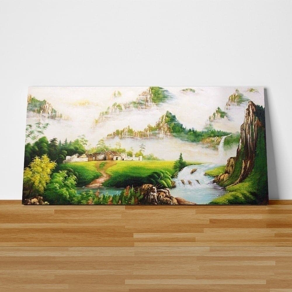 Misty Asian Mountain Village with Waterfall image 2