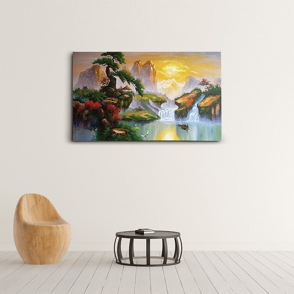 Traditional Asian Landscape with Waterfall and Cranes image 2
