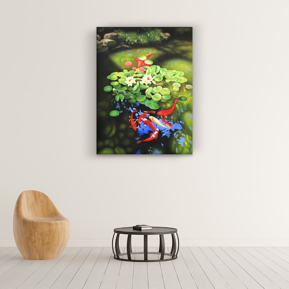 Koi Fish Under Lily Pads in Tranquil Garden Pond image 6