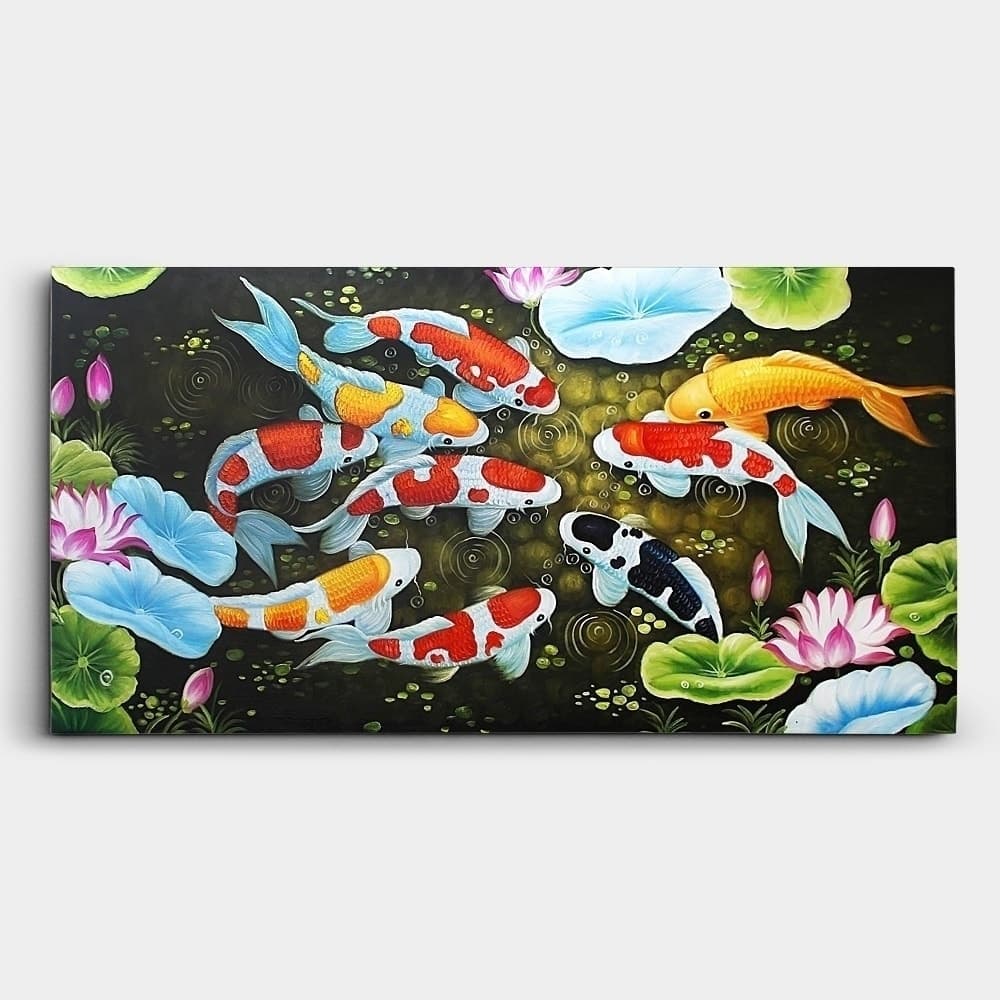 Nine Koi Fish with Blue and Pink Lotus Flowers