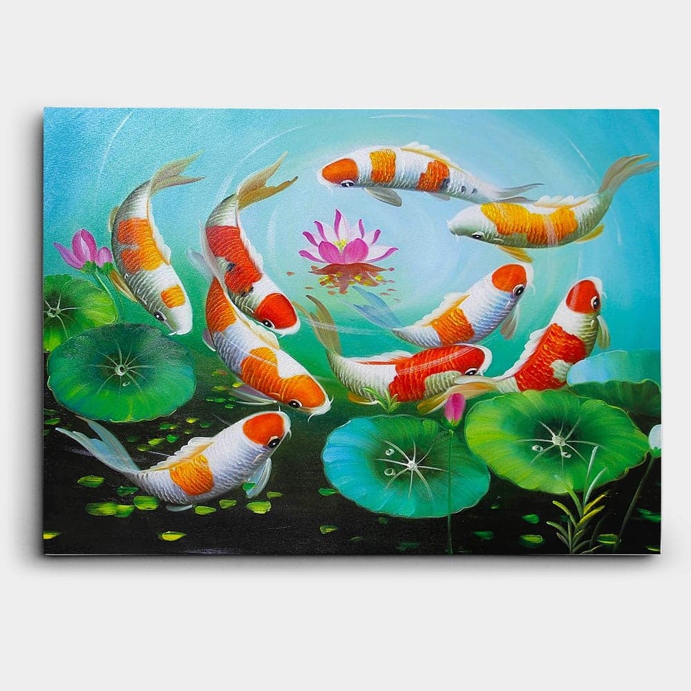 Nine Koi Fish Circling Pink Lotus in Blue Pond