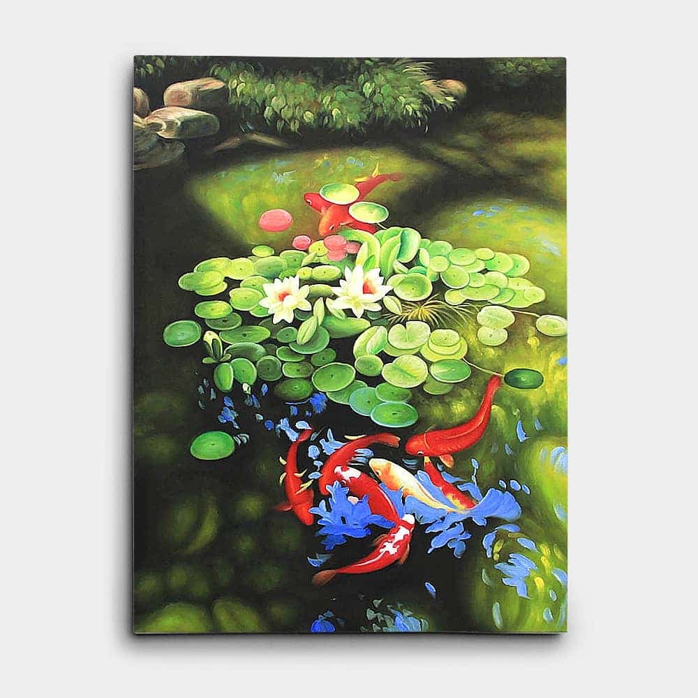 Koi Fish Under Lily Pads in Tranquil Garden Pond