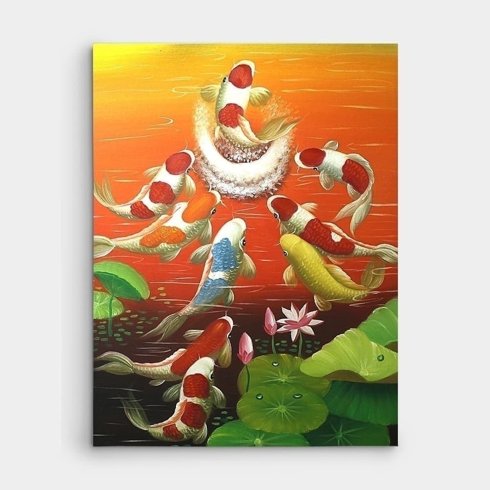 Nine Koi Fish Leaping at Sunset with Lotus