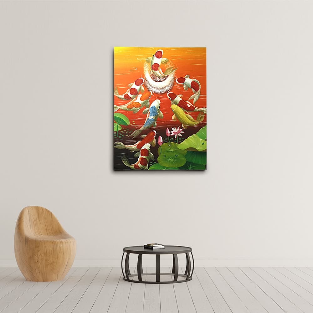 Nine Koi Fish Leaping at Sunset with Lotus image 3