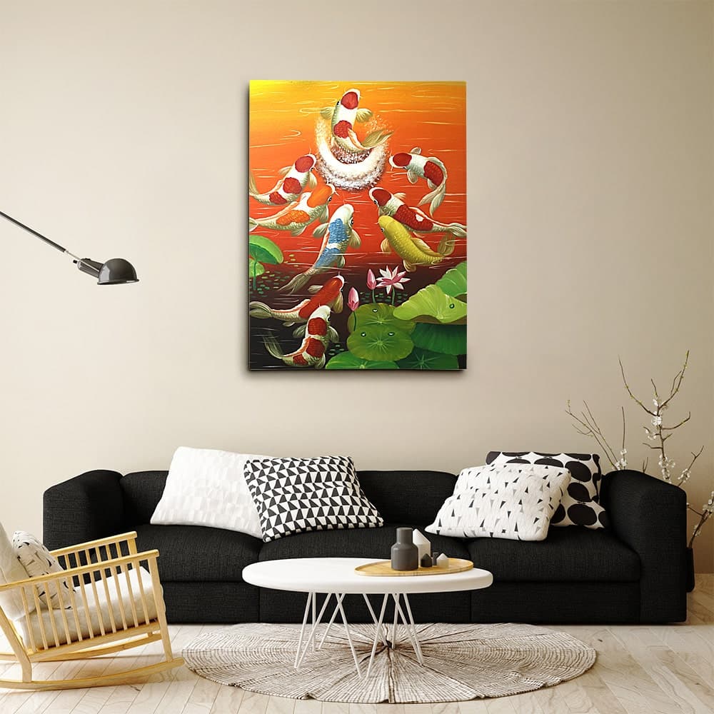 Nine Koi Fish Leaping at Sunset with Lotus image 4