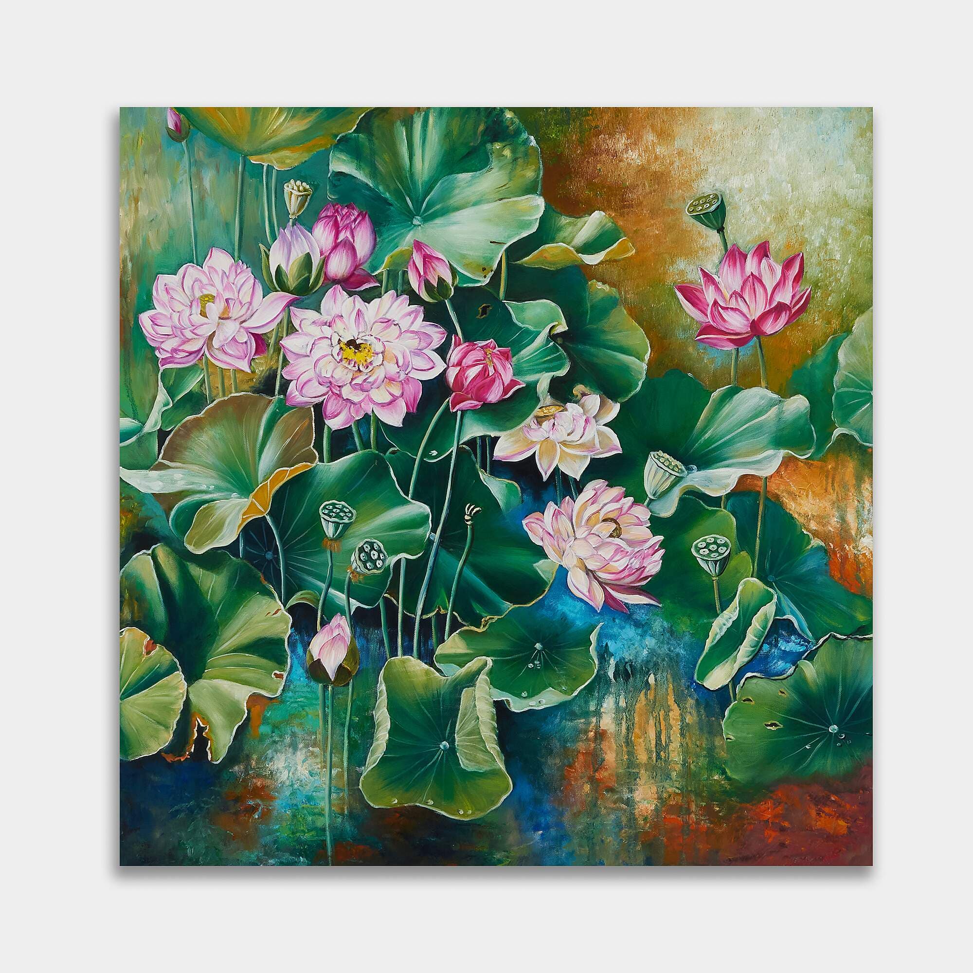 Pink Lotus Garden with Colorful Pond