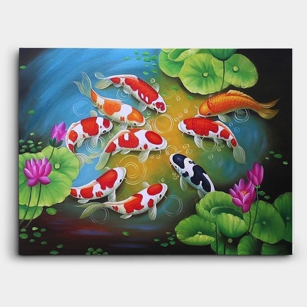 Nine Koi Fish in Lotus Pond with Pink Flowers