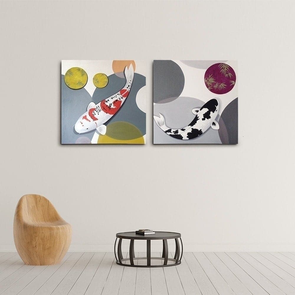 Modern Koi Fish Diptych on Abstract Background image 2