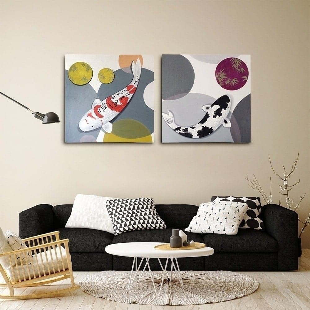 Modern Koi Fish Diptych on Abstract Background image 3