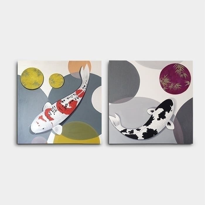 Modern Koi Fish Diptych on Abstract Background