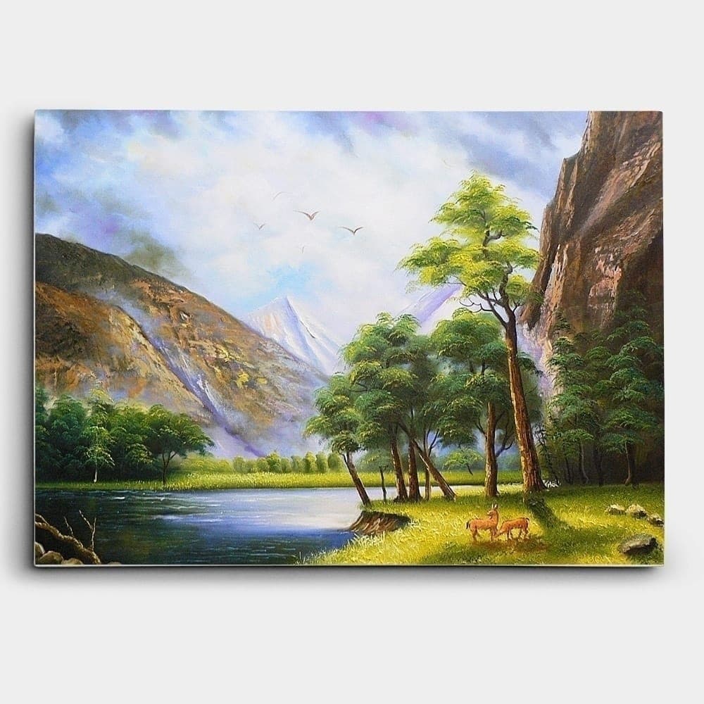 Mountain Valley with Trees and Deer