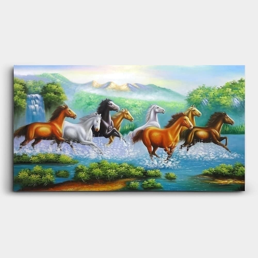 Eight Horses Running Through Mountain Stream