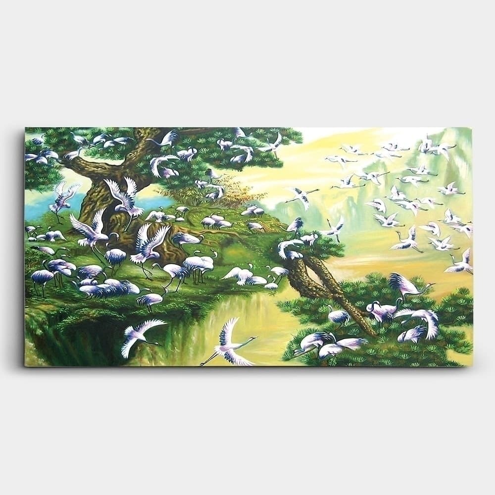 Cranes and Pine Trees in an Asian Landscape