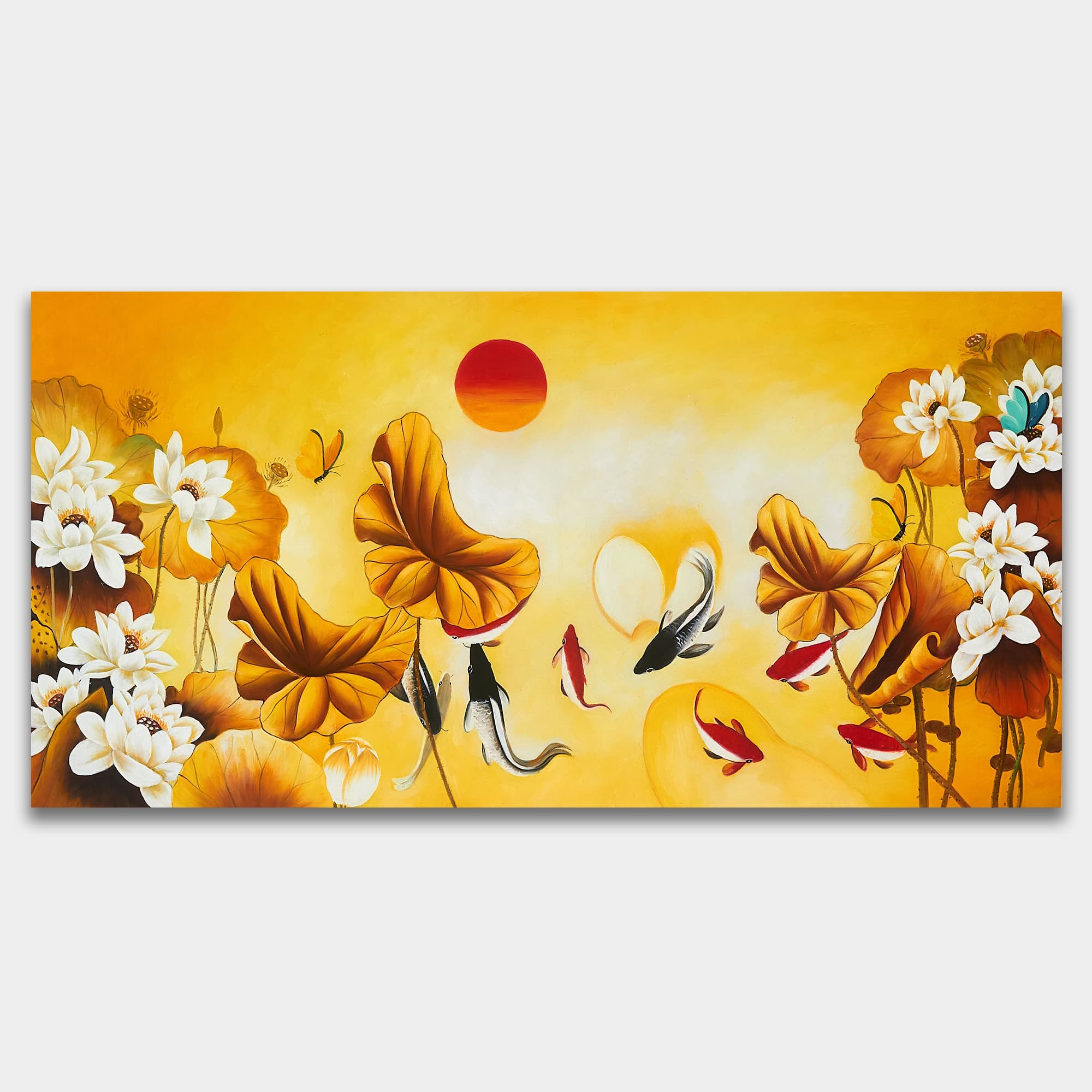 Koi Fish and White Lotus at Golden Sunset