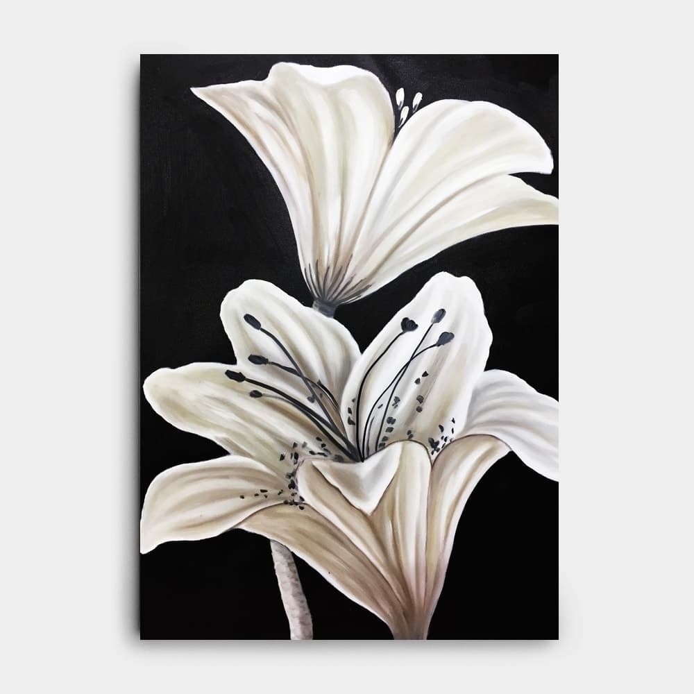 White Lily Painting on Black Background