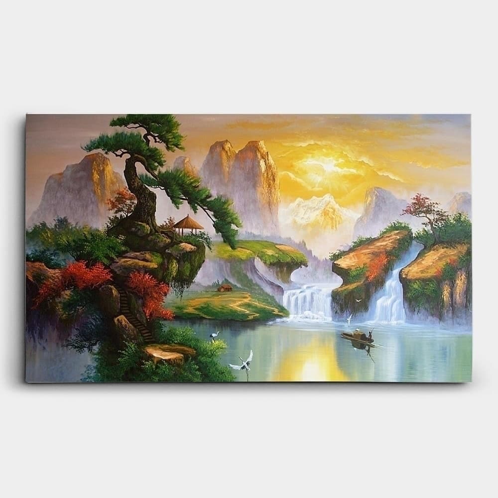 Traditional Asian Landscape with Waterfall and Cranes