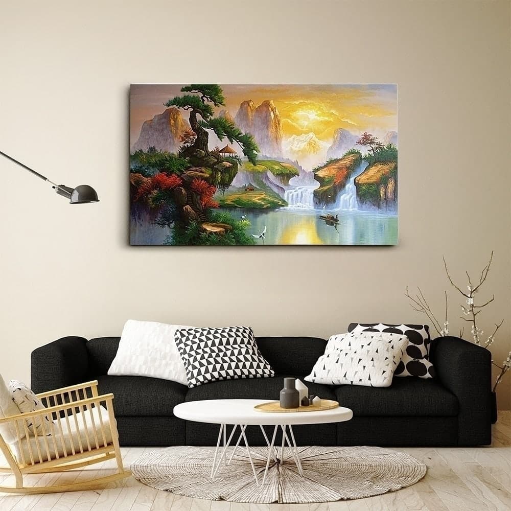 Traditional Asian Landscape with Waterfall and Cranes image 3