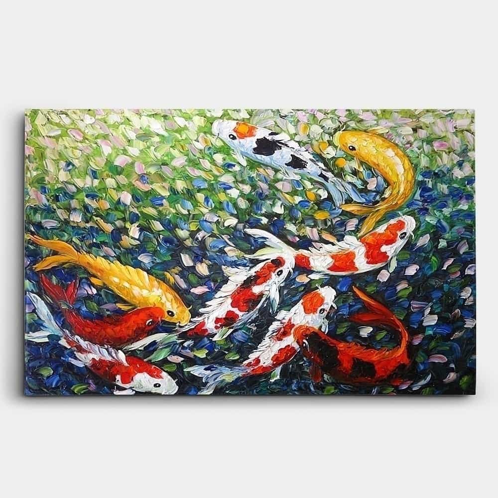 Nine Koi Fish in Colorful Lotus Pond