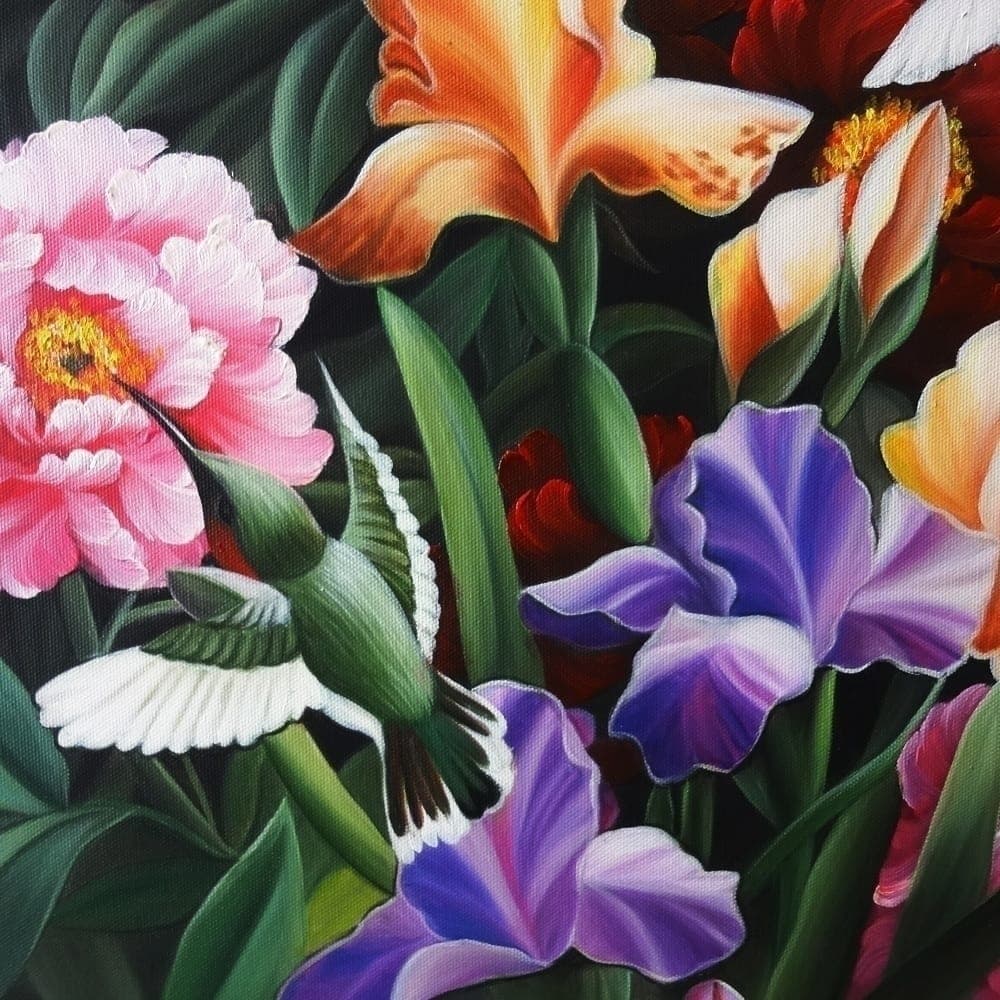 Peonies and Iris with Hummingbirds image 6