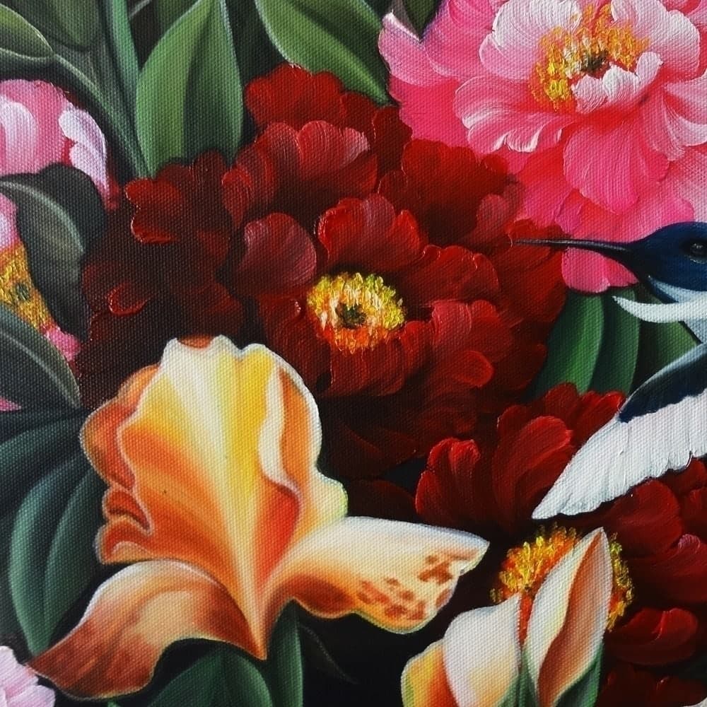 Peonies and Iris with Hummingbirds image 5