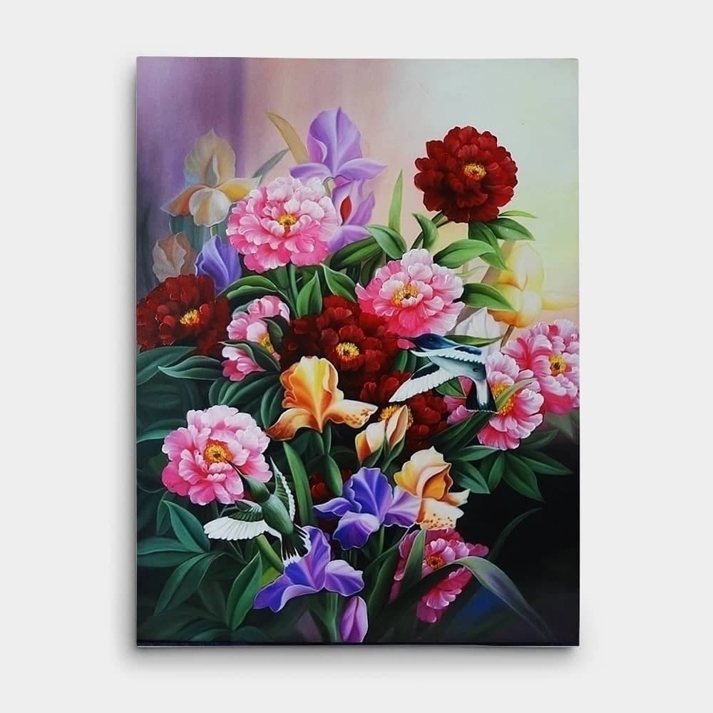 Peonies and Iris with Hummingbirds