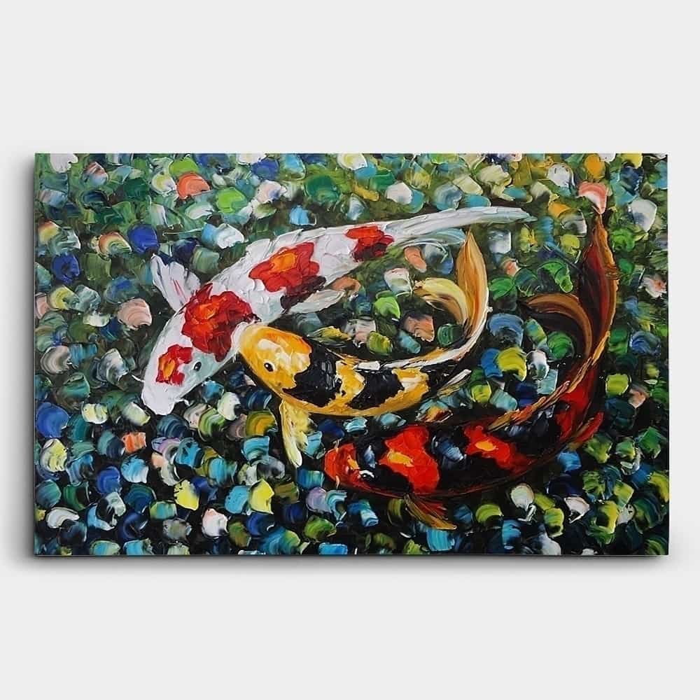 Three Koi Fish on Colorful Mosaic Background