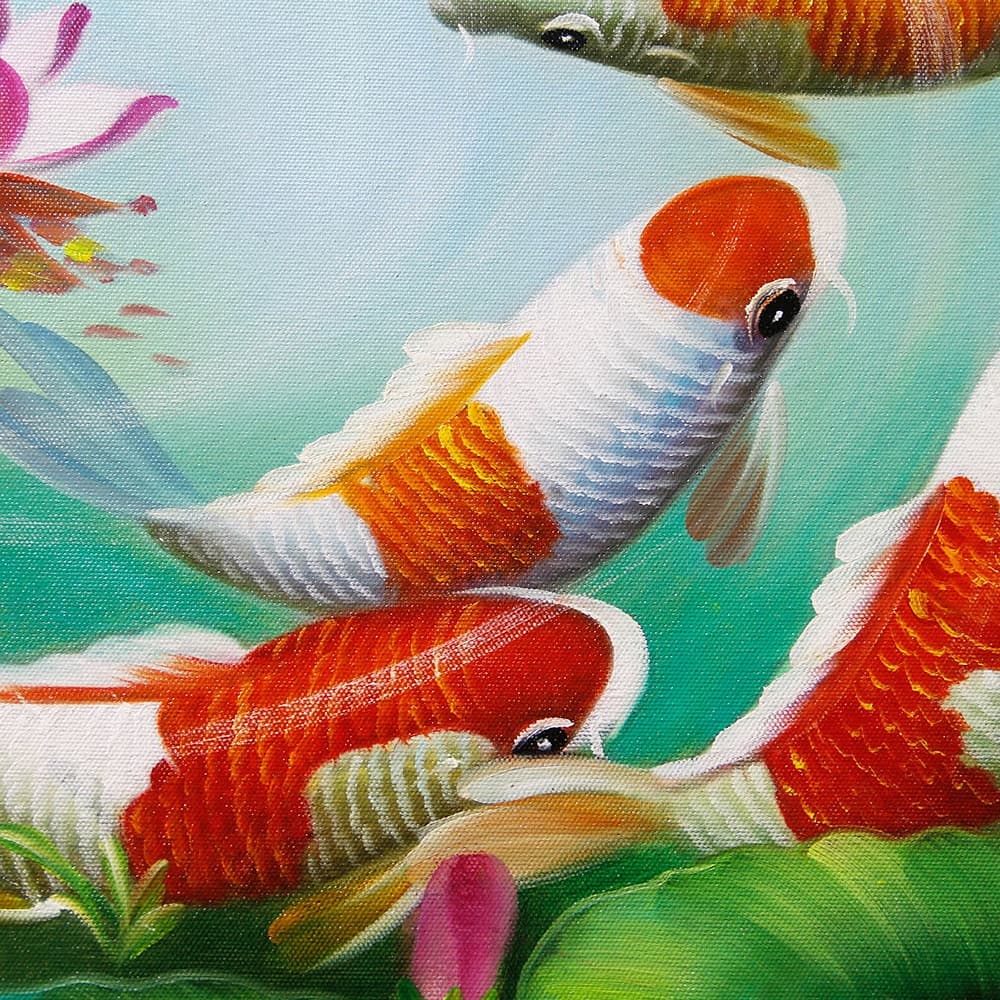 Nine Koi Fish Circling Pink Lotus in Blue Pond image 2