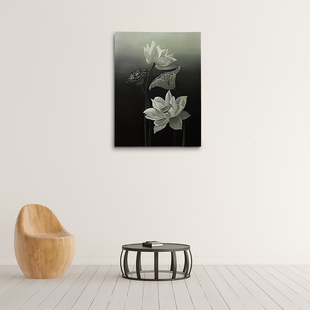 White Lotus with Seed Pod on Dark Background image 9