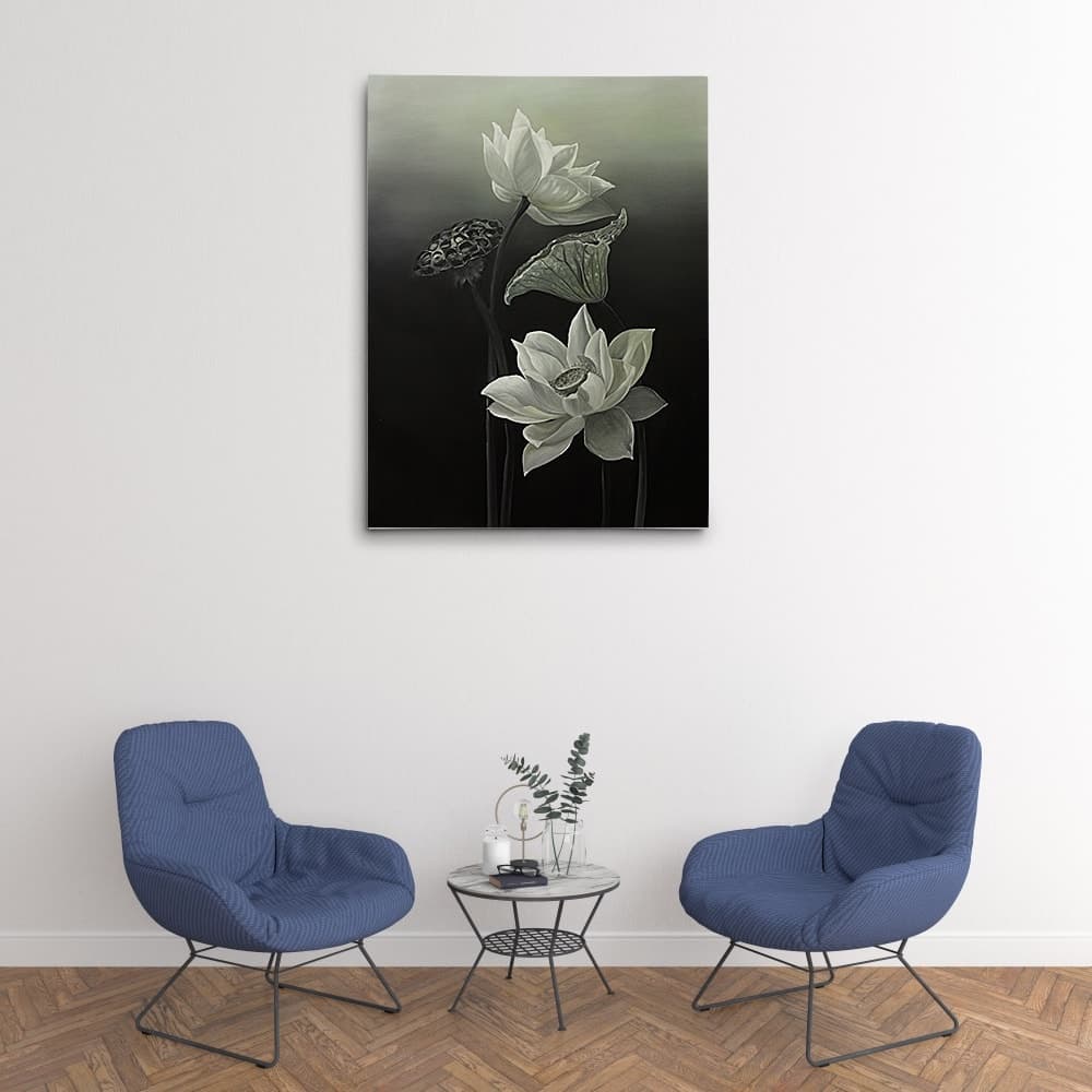 White Lotus with Seed Pod on Dark Background image 8