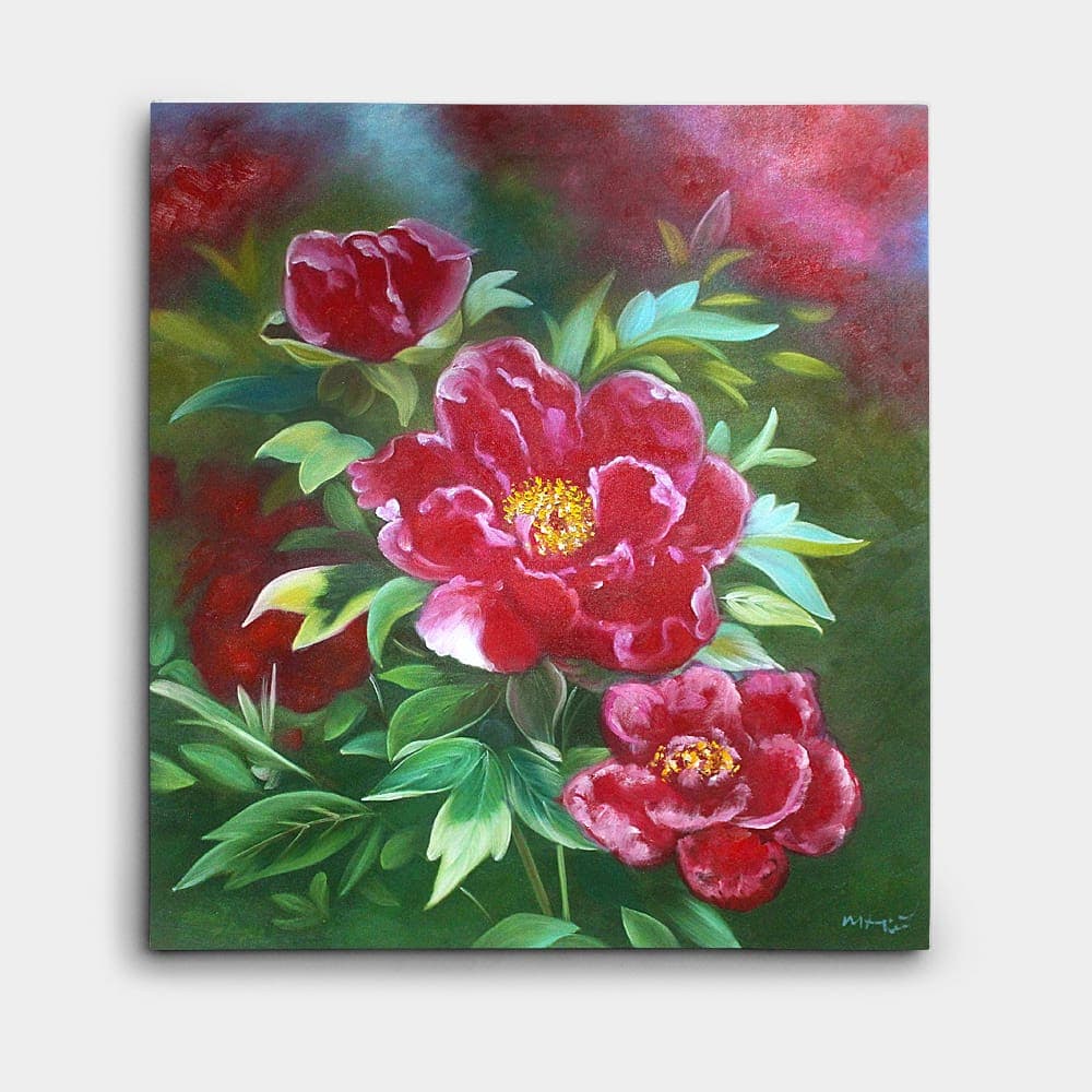 Deep Red Peonies on Dark Green Background