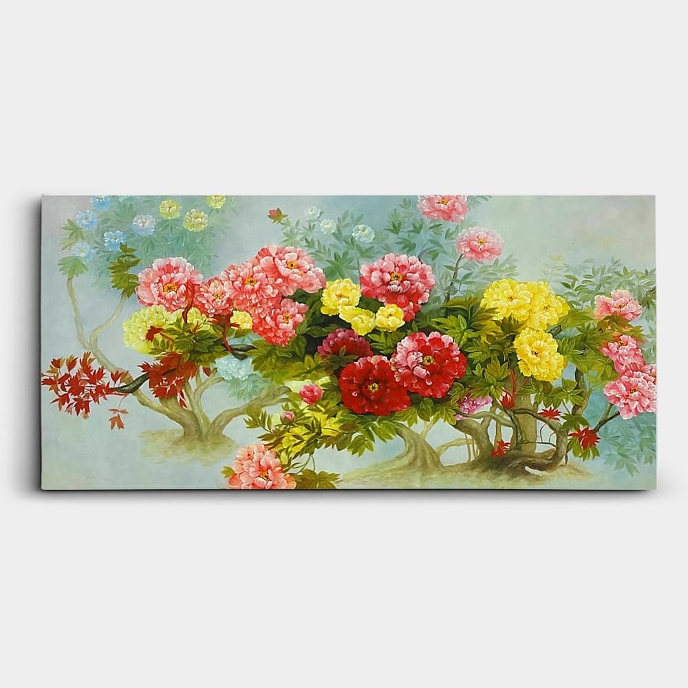 Multicolored Peony Garden on Misty Blue