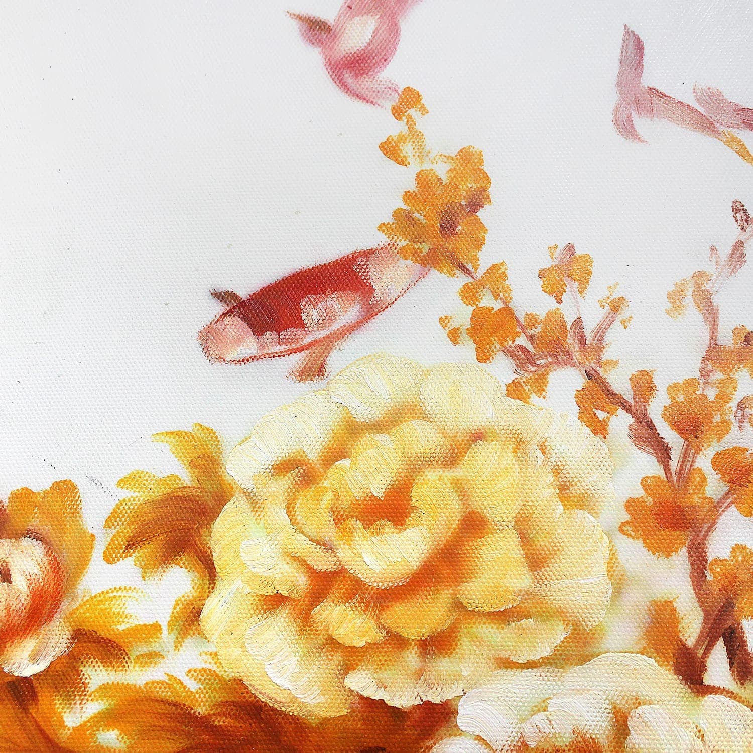 Koi Fish and Golden Peonies on White Canvas image 4