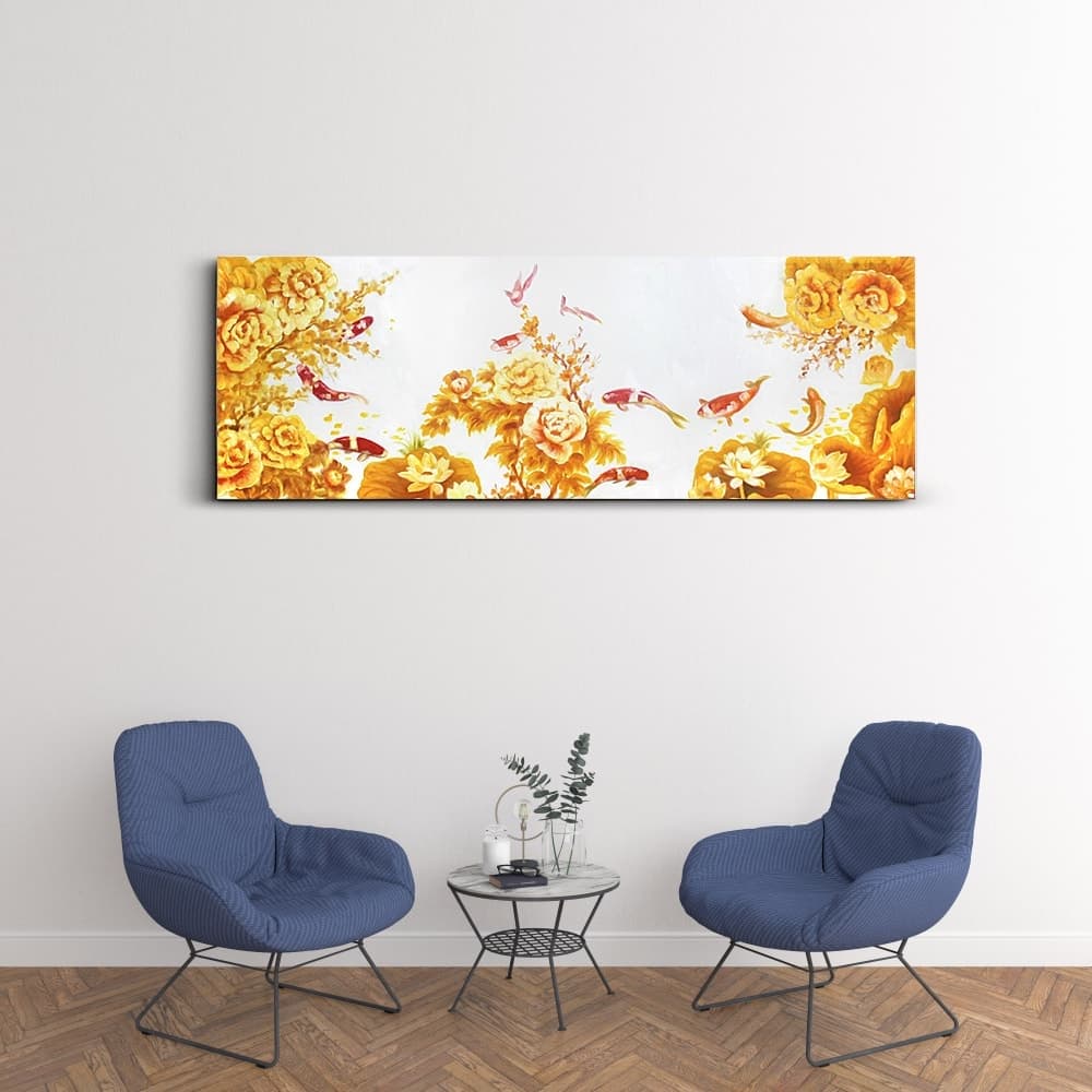Koi Fish and Golden Peonies on White Canvas image 2