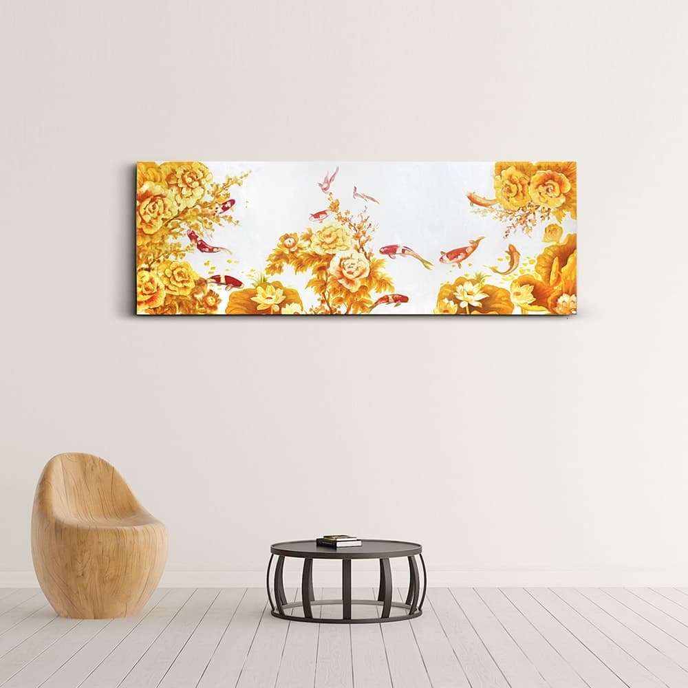 Koi Fish and Golden Peonies on White Canvas image 6