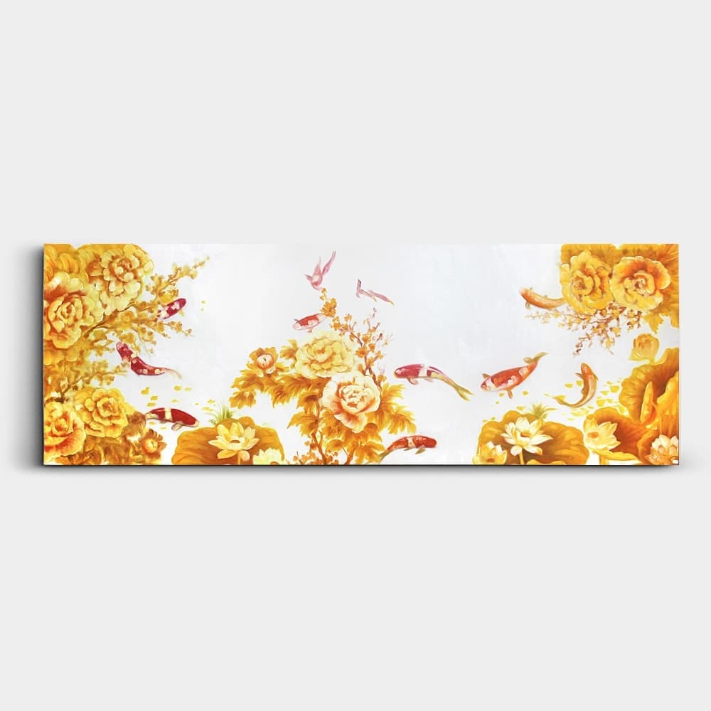 Koi Fish and Golden Peonies on White Canvas