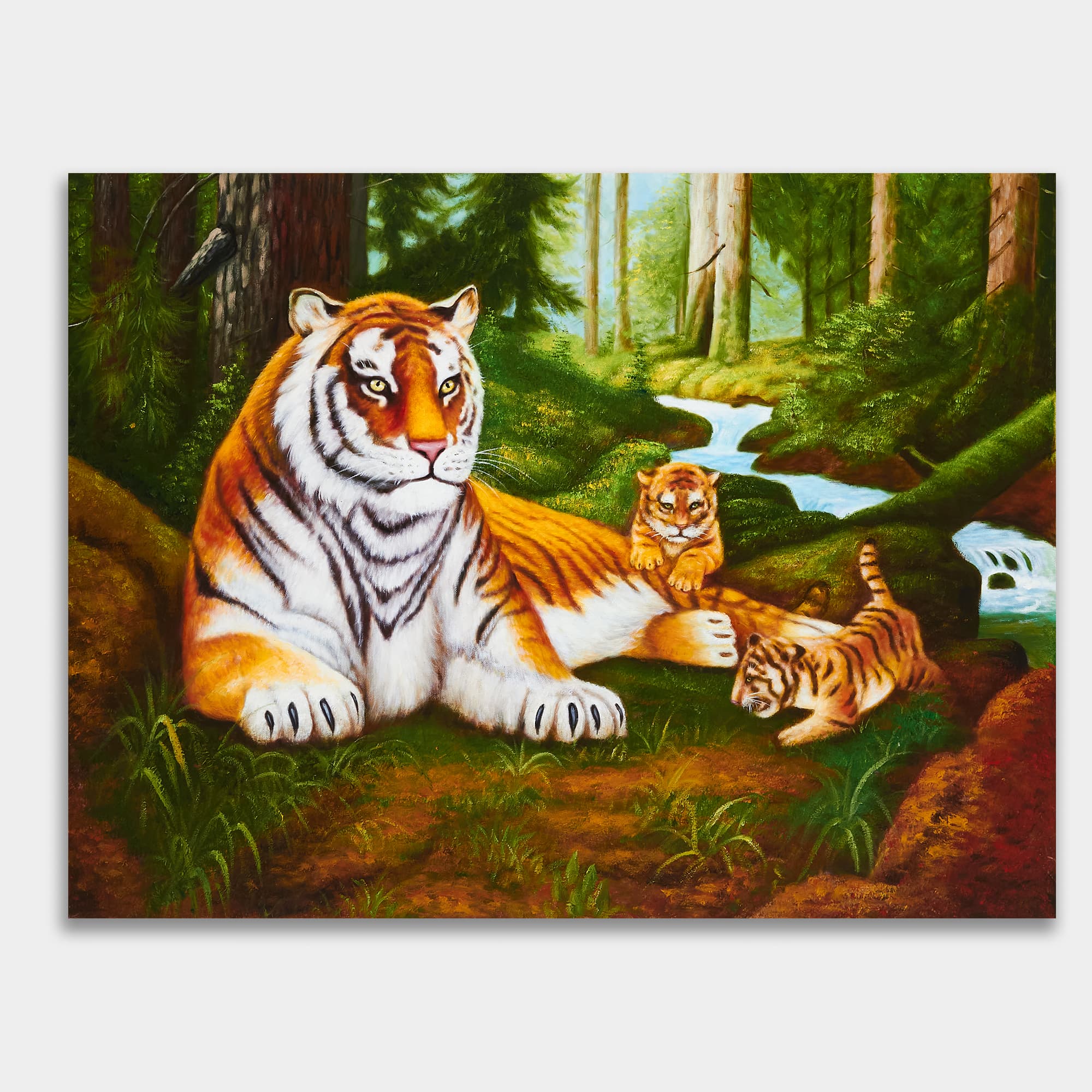 Tiger and Cubs by the Forest Stream