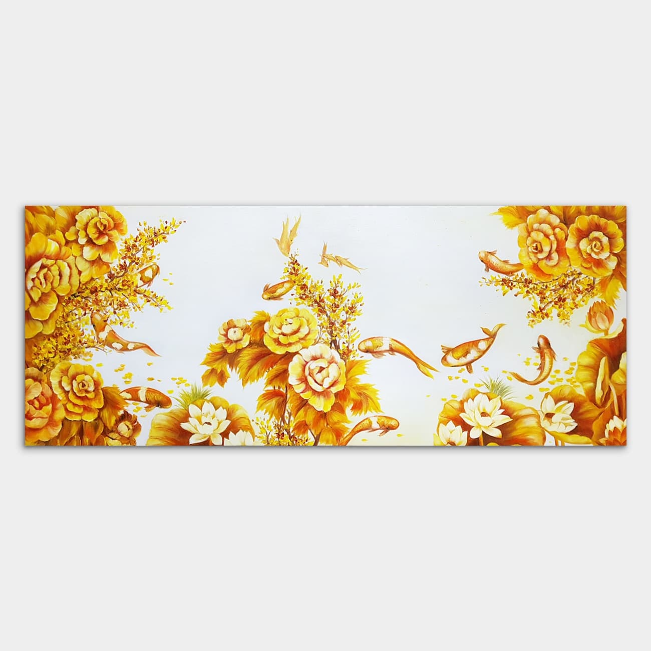 Golden Koi Fish in Yellow Flower Garden