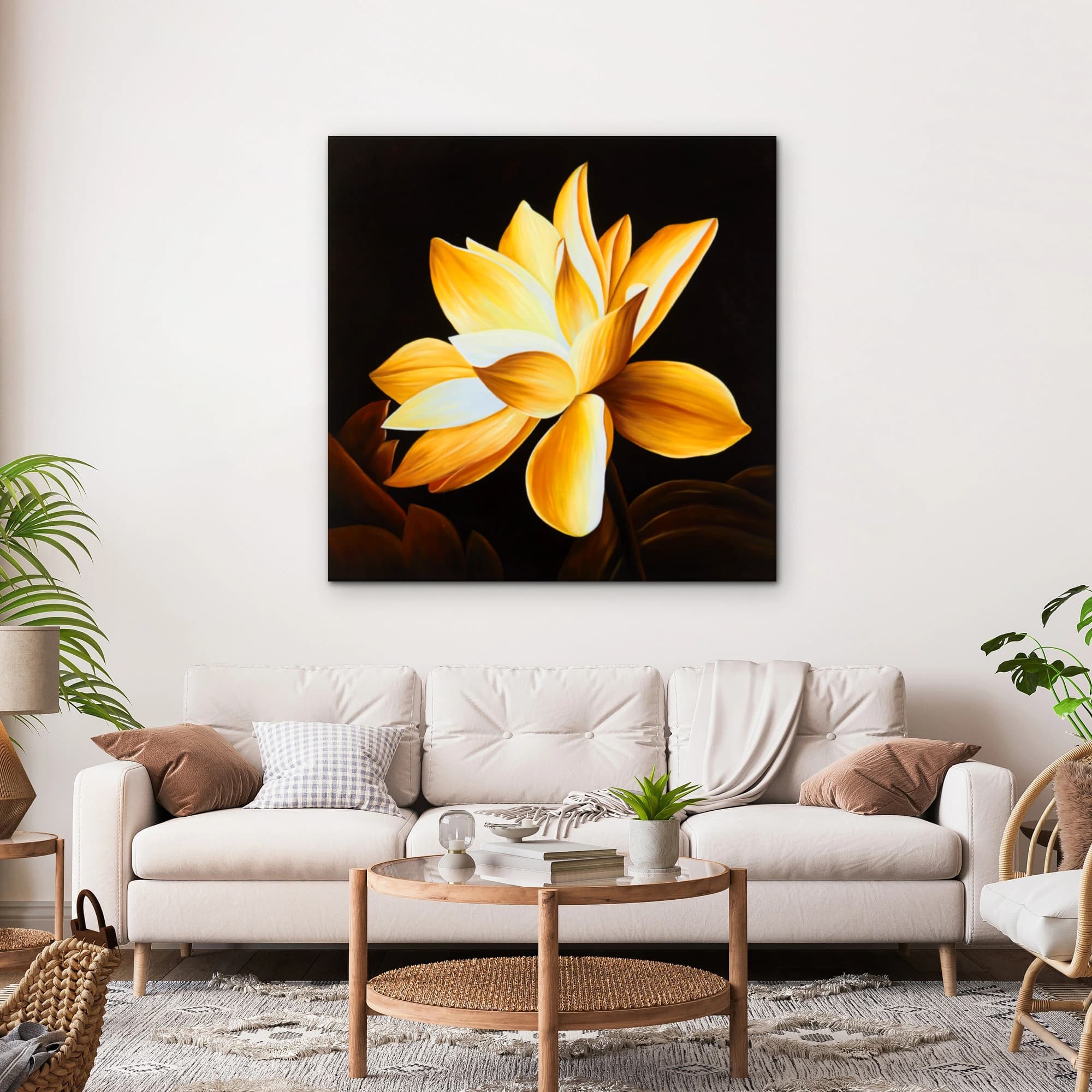 Golden Lotus Close-Up on Black Canvas image 6