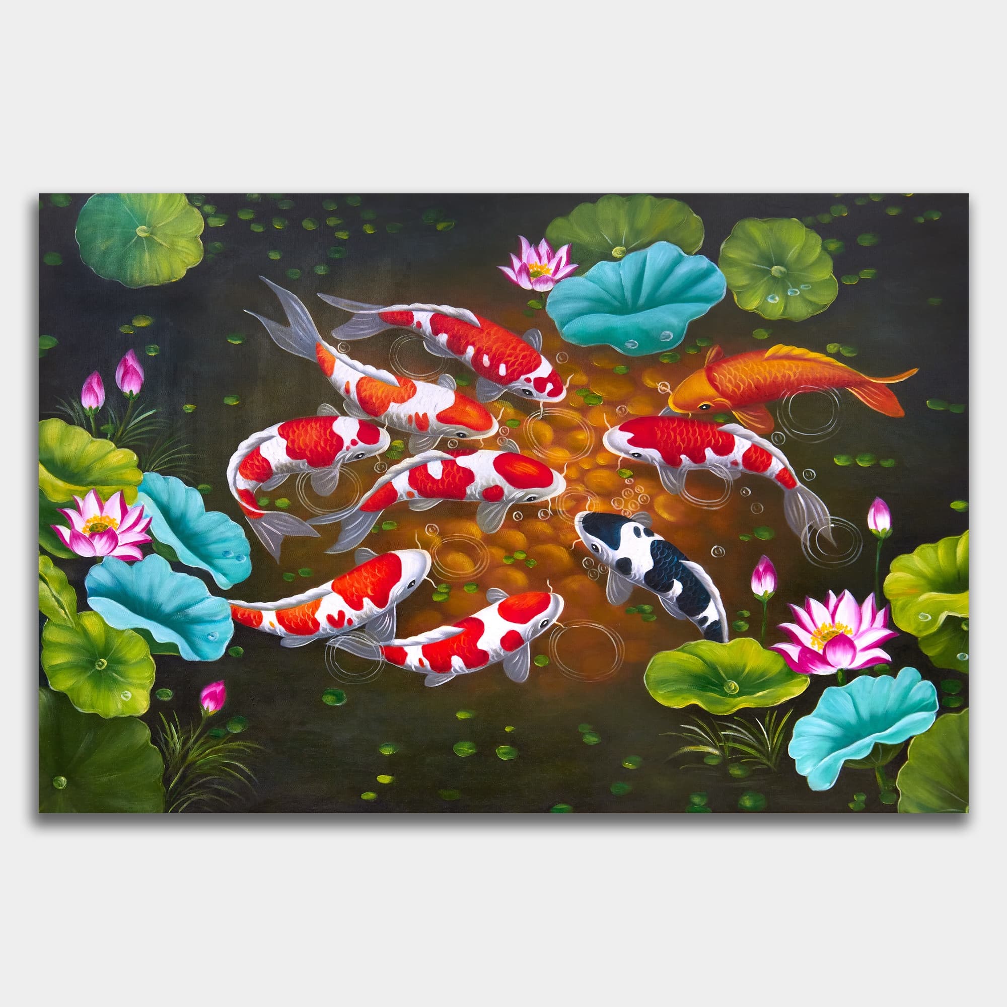 9 Koi Fish Swimming in Dark Lotus Pond