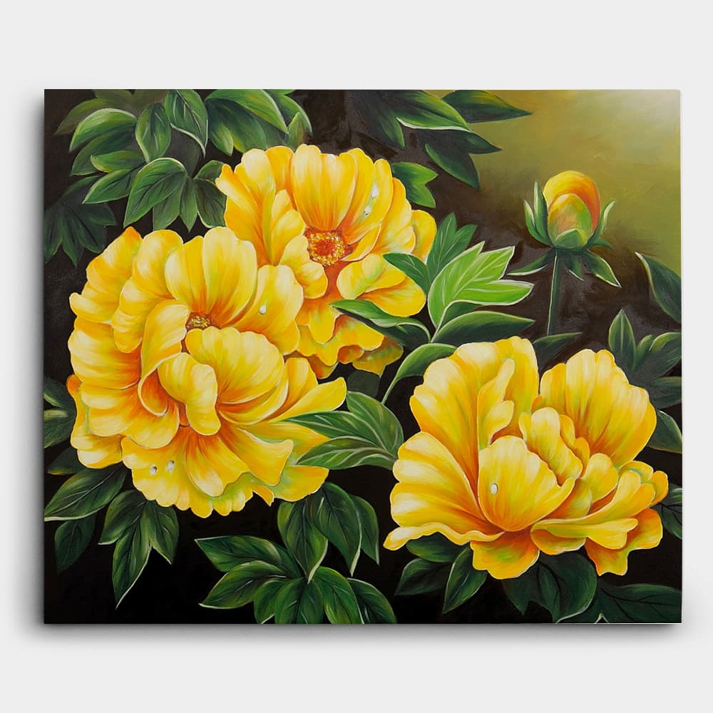 Golden Yellow Peonies on Dark Background