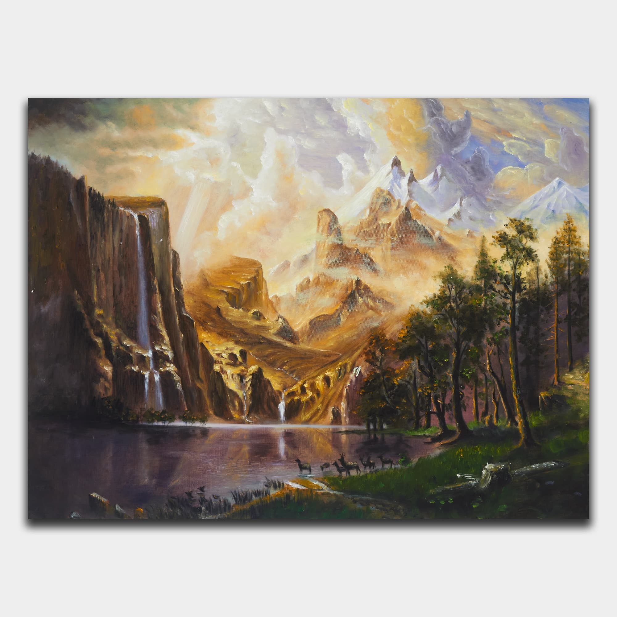 Mountain Gorge with Waterfall and Deer