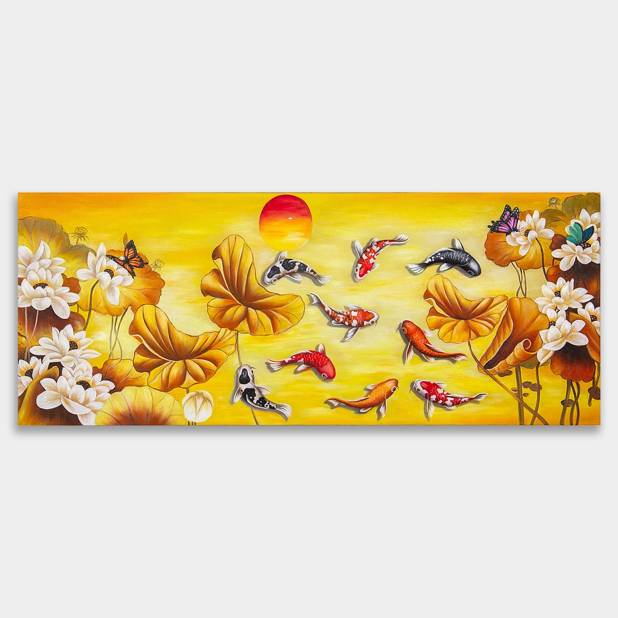 Nine Koi Fish with Golden Lotus at Sunset