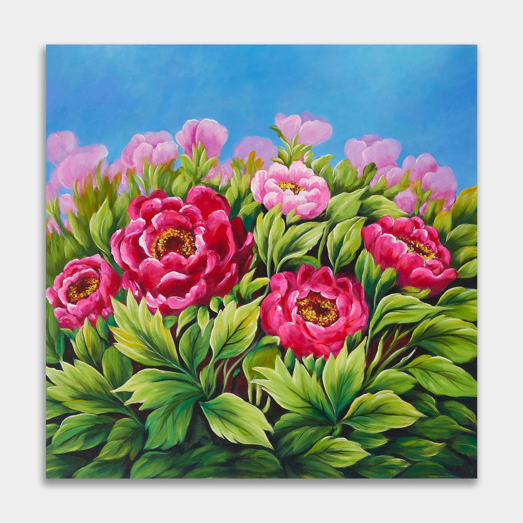 Peonies in Full Bloom Against Blue Sky