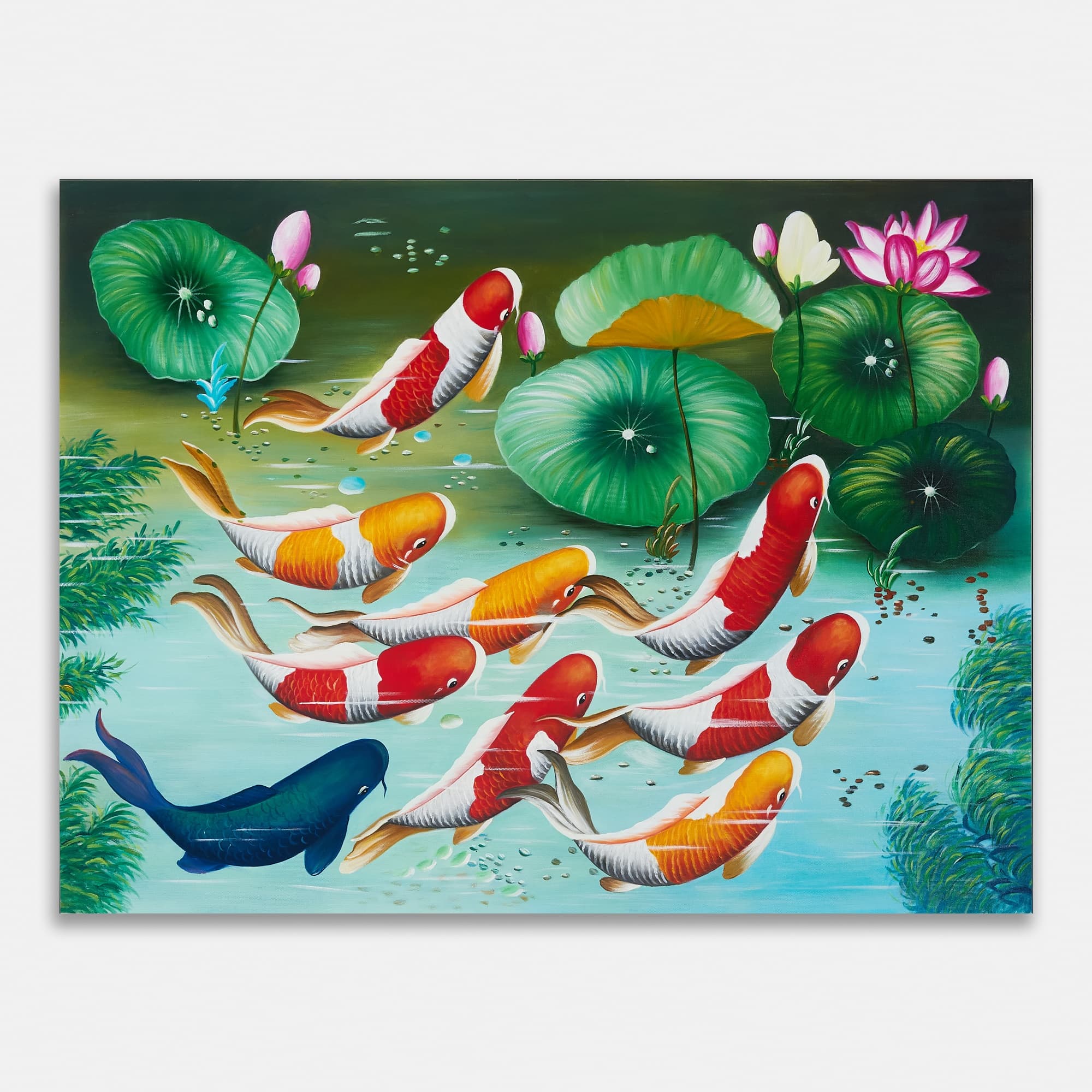 Nine Koi Fish in Green Lotus Pond