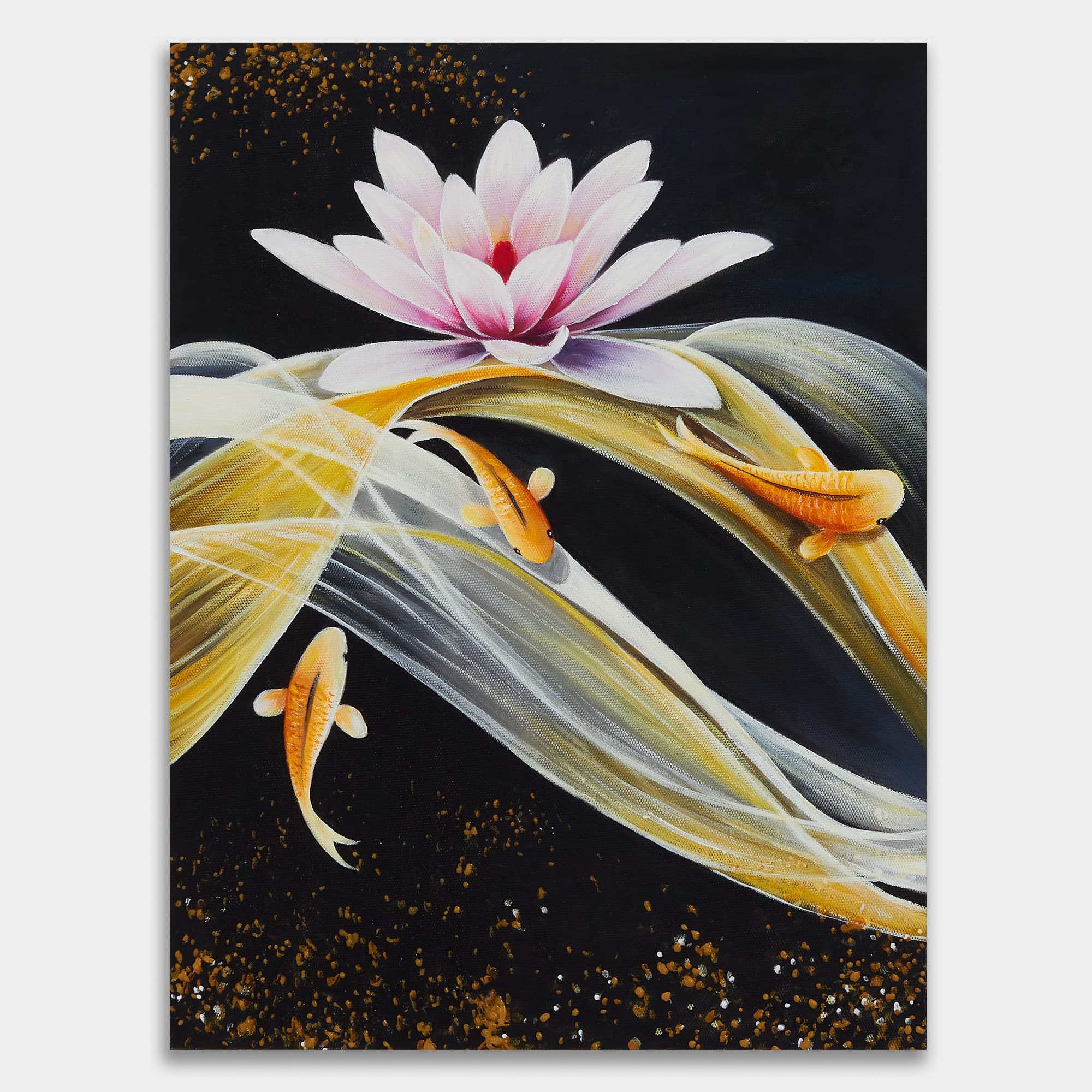 Golden Koi Fish Under Pink Lotus