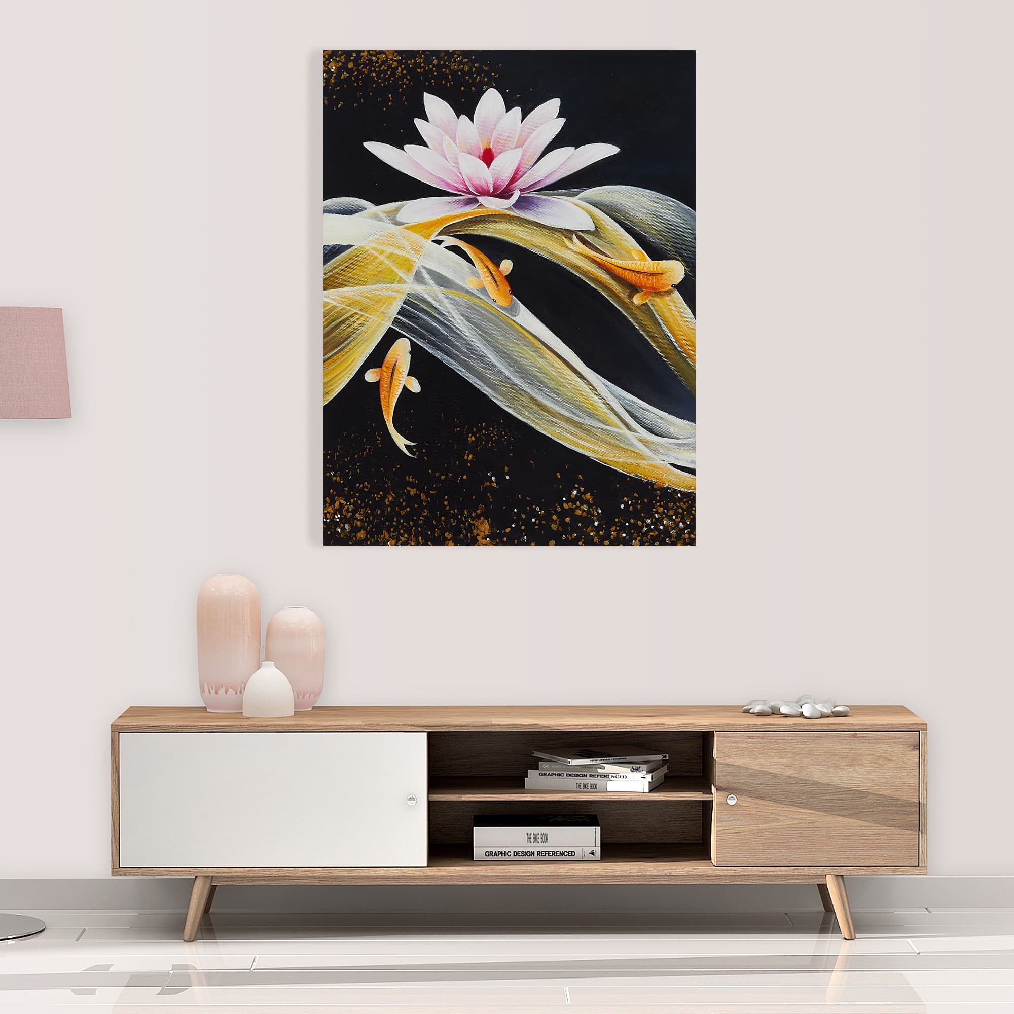 Golden Koi Fish Under Pink Lotus image 2