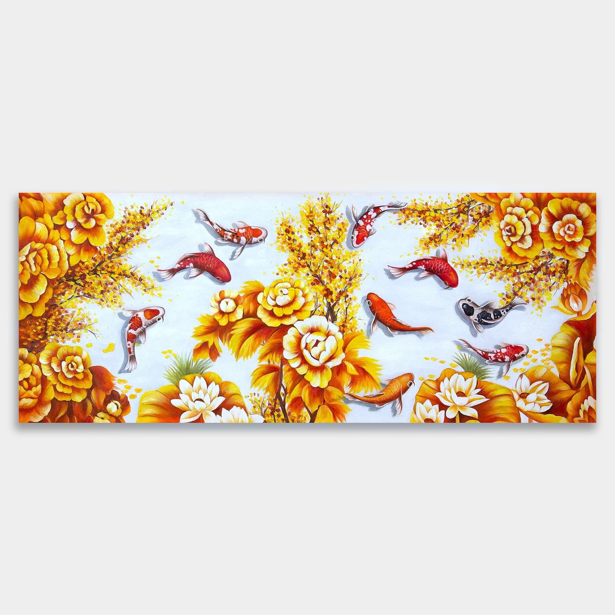 Koi Fish Among Golden Flowers and Peonies