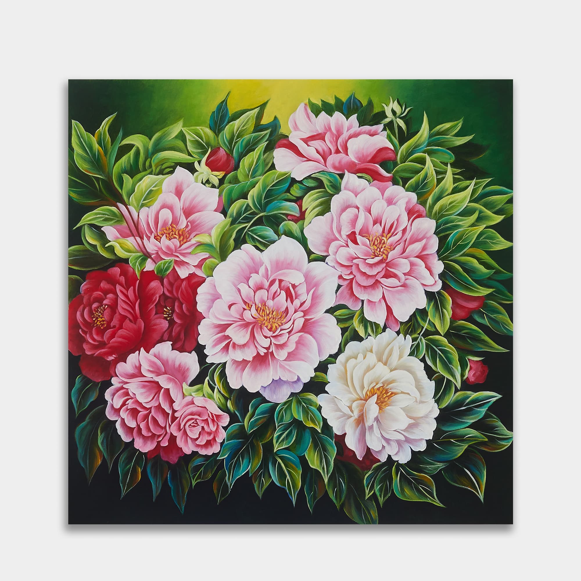 Pink and White Peonies on Deep Green