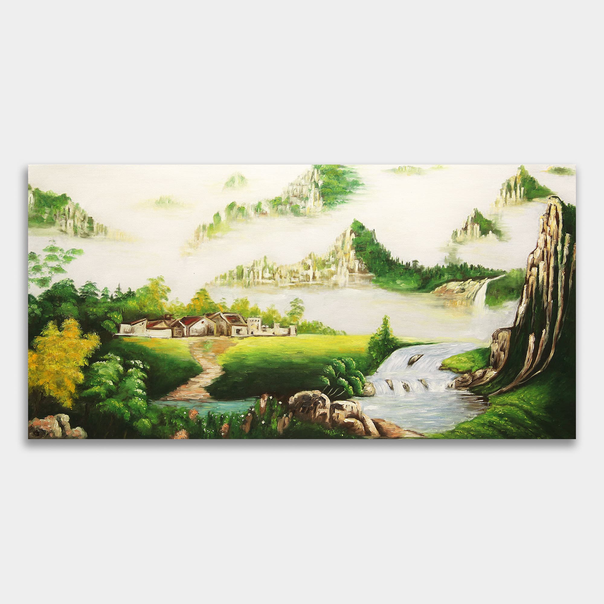 Misty Asian Mountain Village with Waterfall