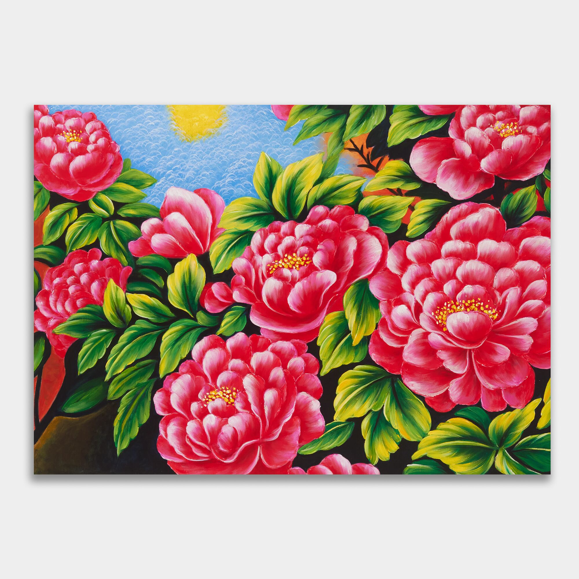 peonies blooming at night art